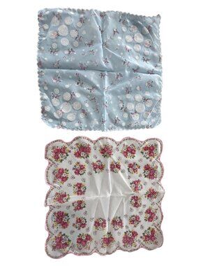 Vintage Handkerchief Floral Lot of 2 Scarf Scalloped Edge Blue Pink Flower Boho